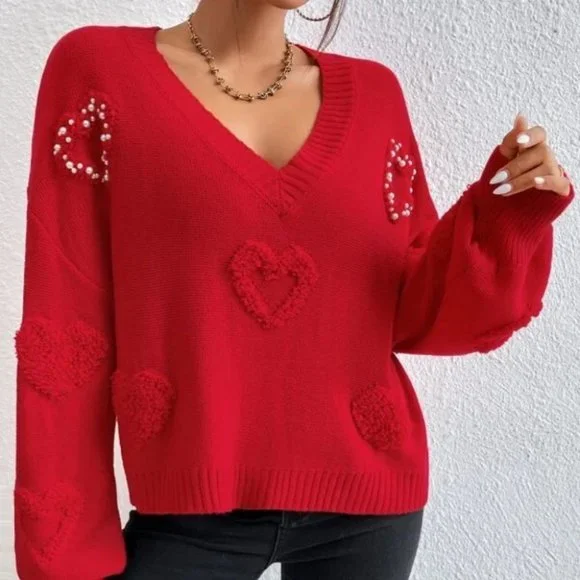 Pearl Heart detailed red knit sweater top - Picture 4 of 6